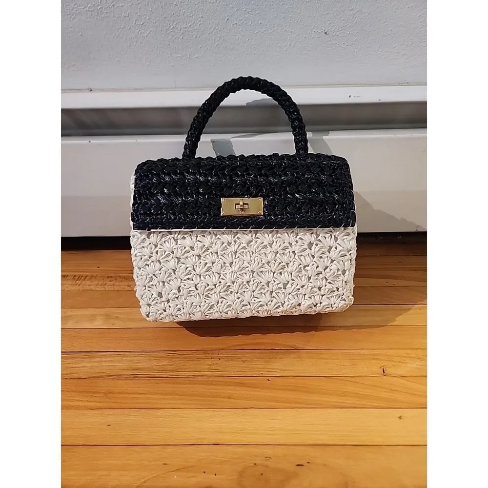 READVintage Woven Straw Clutch Bag Purse Black White Raffia Simon Made In Japan